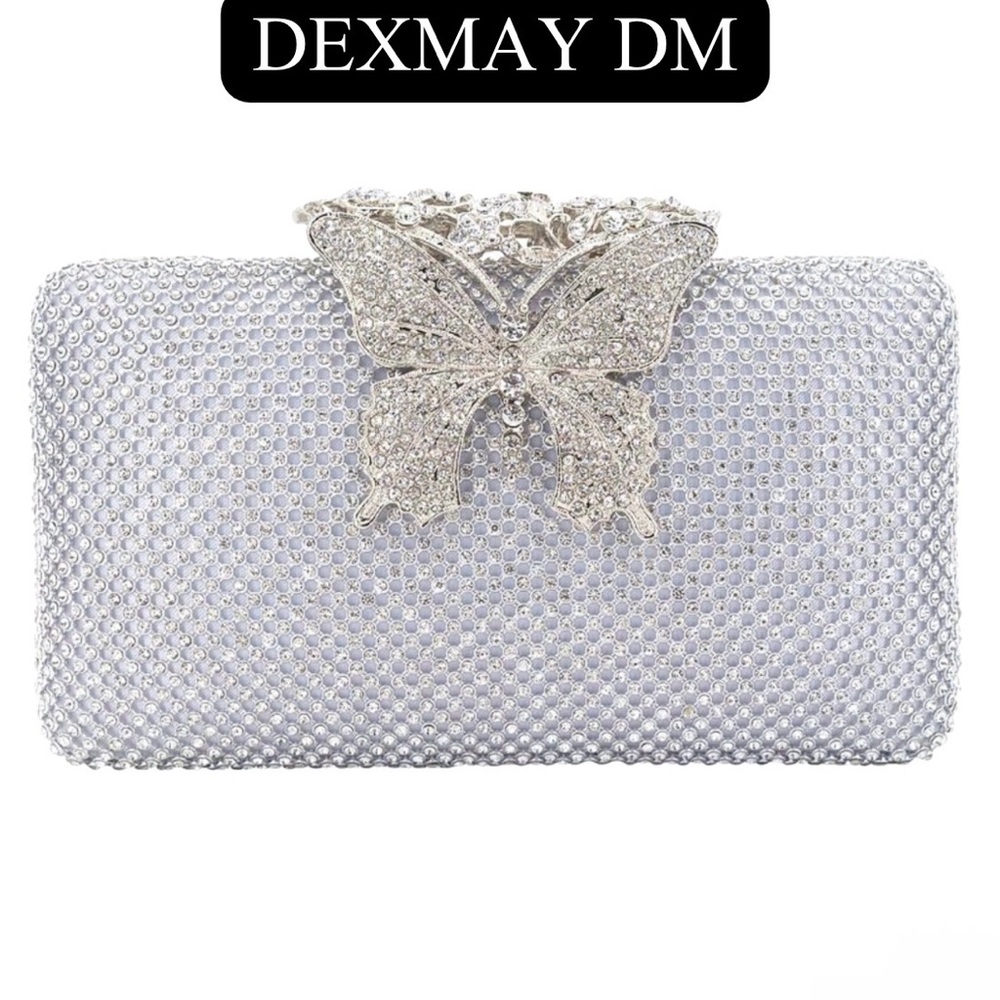 DEXMAY Silver Rhinestone & Crystal Butterfly Clasp w/Dust Bag, EUC